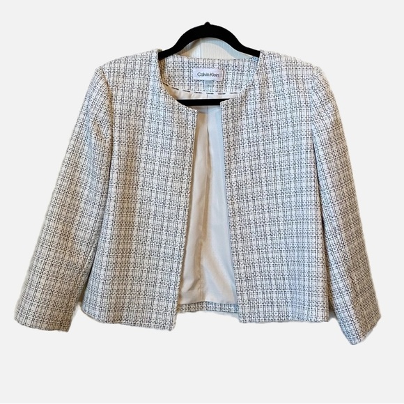 Calvin Klein Open Front Collarless Cropped Blazer Cream/Black Size 10 - Picture 9 of 10